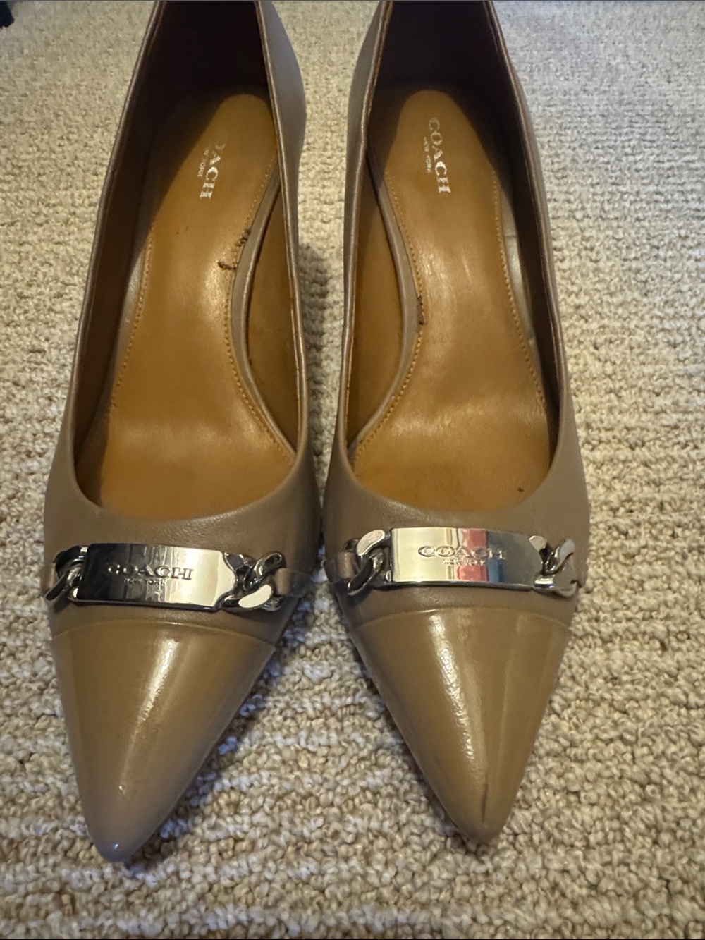 Coach Pointed-Toe Taupe Pumps with Silver Plaque